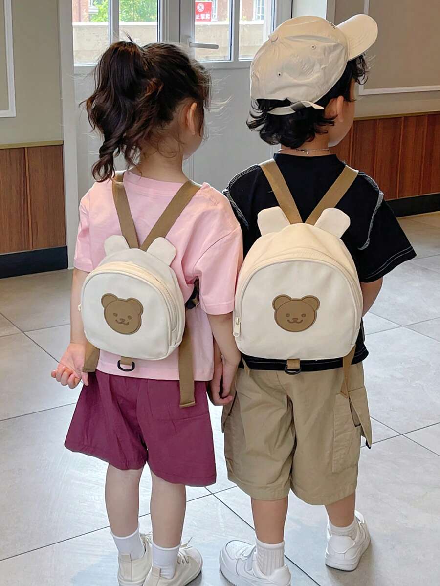 1pc Kids Animal Pattern Anti-Lost Backpack, Canvas Zipper Closure Cute Travelling Daypack - Brown - View 1