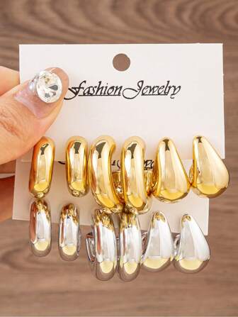 6-12 件/套时尚水滴 C 形环状耳环，金色和银色，适合女性日常佩戴