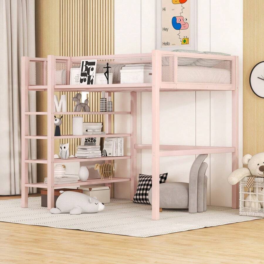 Twin Size Metal Loft Bed With 4-Tier Shelves And Storage, Pink-5418 - Multicolor - View 1