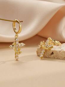 2Pcs Gold Crown Cross Hoop Earrings For Women, Sparkling Crystal Detail, Elegant Religious Jewelry For Daily Wear, Gift For Christmas Or Special Occasions