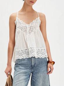 Women Tie Up Lace Trim Cami Tops Semi Sheer Crop Tops Y2k Girls Cute Summer Camisole Shirt Going Out Tops - 白色 - 查看 1