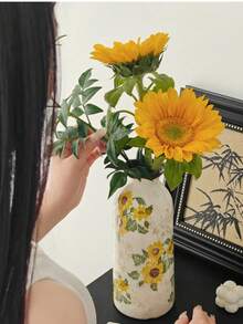 "Wazon ceramiczny ze spękaniami słonecznika – dekoracja stołu w stylu rustykalnym, mały wazon na kwiaty do domu/biura/kawiarni (ręcznie wykonany, glazura z efektem spękania lodu)"