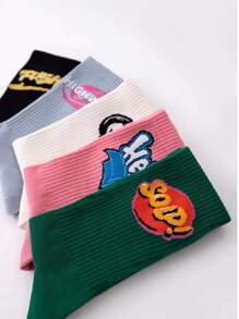 5 Pairs Unisex Mixed Color Letter Pattern Mid-Calf Socks, Streetwear Socks Suitable For Daily Wear