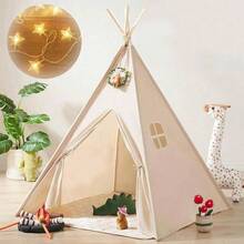 118 pollici Luci a catena a forma di stella con cornice in legno, Tenda da gioco per bambini da interno, Tenda tipica portatile per bambini, Tenda in tela per bambini, Tenda in poliestere per bambini e ragazze, Casa da gioco sicura e duratura (cuscino non incluso) 63*47*47 pollici