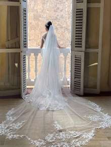 1 pieza Velo de novia con encaje y aplicaciones, velo de novia con cola, accesorio nupcial - Multicolor - Ver 1