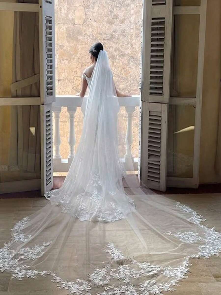 1 pieza Velo de novia con encaje y aplicaciones, velo de novia con cola, accesorio nupcial - Multicolor - Ver 1