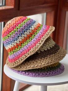 1 pièce Chapeau seau en paille rayé bicolore pour femmes, adapté pour le port quotidien, les sorties d'été et les vacances pour la protection solaire Boho