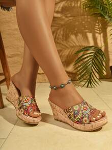 Bohemian Style Fashion Thick Platform High Heel Printed Open Toe Strap Wedge Sandals, Summer - Color - View 5