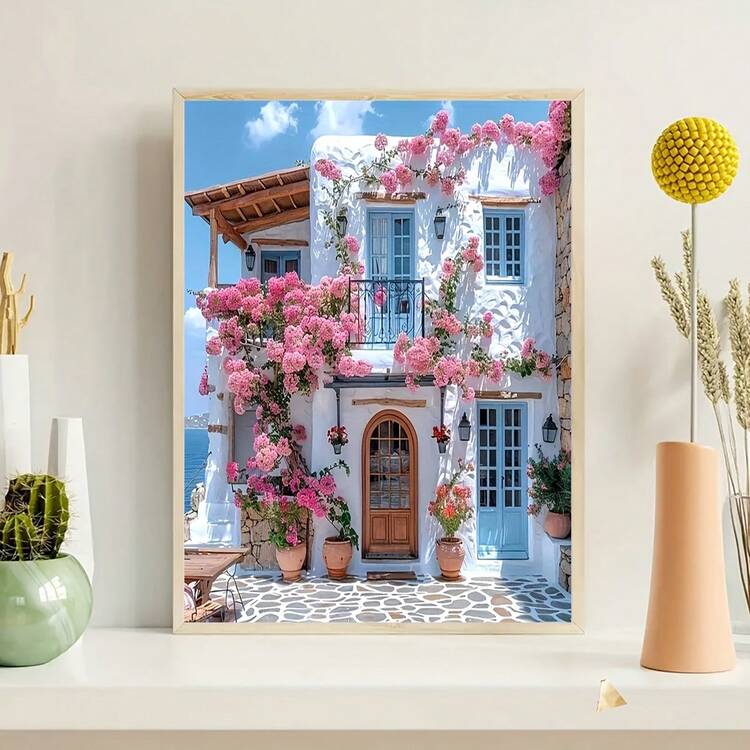 1 Peça Conjunto de Pintura de Diamante 5D, Arte de Paisagem de Casa de Flores, Arte de Diamante Redondo Sem Moldura, Decoração Doméstica DIY, Adequado para Várias Decorações de Parede e Colocação em Escrivaninha, Presente de Feriado, Sem Moldura, Múltiplos Tamanhos para Escolher - Multicolorido - Visão 3
