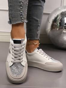 女士休闲鞋，带亮片星星装饰，系带运动鞋；流行豹纹春夏黑色休闲女士圆头脏鞋，防滑软底鞋，适合居家、散步、购物