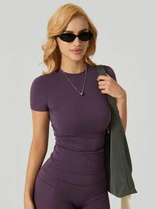 NcmRyu 1pc Women's Minimalist Fashion Slim Fit Flattering Outdoor Sports Short Sleeve T-Shirt Summer - 紫色 - 查看 6