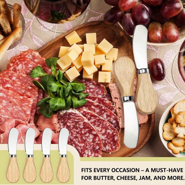 Cheese Spreader Knives & Butter Knives With Wooden Handle Stainless Steel Butter Spreader Knives - Ideal For Cheese, Cold Butter, Jam, Pastry -Kitchen Accessories