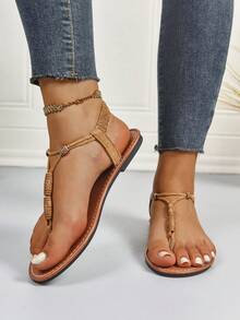 New Spring/Summer Fashion Women Slippers, Solid Color Woven Comfortable Beach Sandals, Summer Beach Shoes, Versatile Flat Slip-On Women Flat Sandals - Brown - View 3