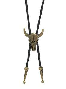 1 Stück verstellbare westliche Stierenkopf Halskette, amerikanisch-westlicher Cowboy Bolo Krawatte Kragen Charm, lässige Party Hochzeit Trauzeuge Unisex Leder Kordel Anhänger, tolle Geschenkidee für Herren Krawatte