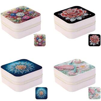1pc/4pcs Mandala Flower, Red Rose & Hummingbird Design Diamond Painting Jewelry Box, DIY Diamond Art Kit With Round & Special Shape Diamonds, Portable Jewelry Box For Rings, Necklaces, Bracelets Storage & Gift Box, Creative Holiday Decor & Travel Friendly