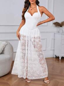 Elegant V-Neck Lace Patchwork Open Back Halter Bodysuit Dress