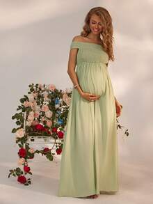 Joyfunear Schwangeren Frauen Einfarbiges Lose Maxikleid mit hoher Taille, Plissee und einem Schulterausschnitt