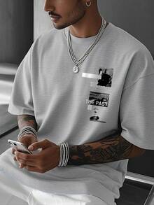 Men's Graphic Print Round Neck Short Sleeve T-Shirt, Suitable For Summer - Xám - Xem 1