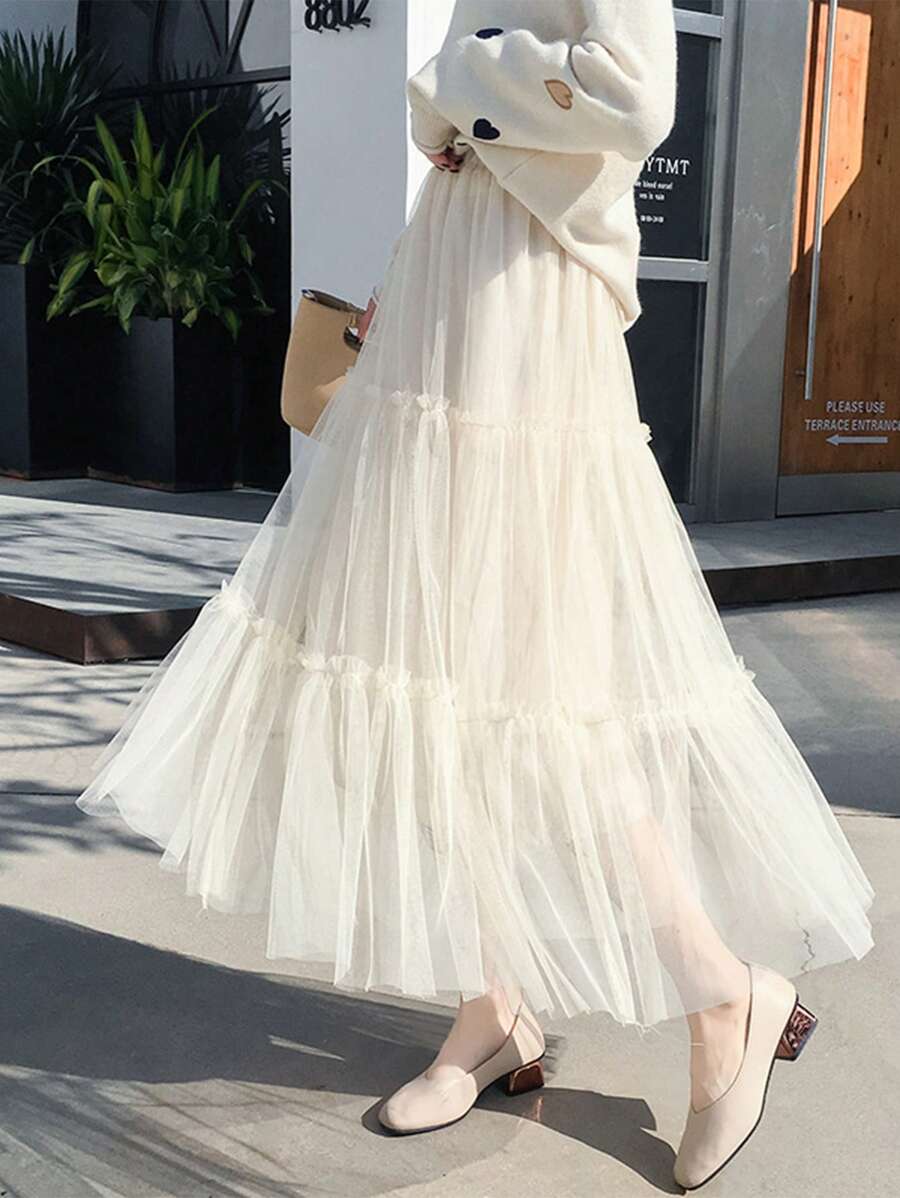 1pc Women's White Or Black 80cm Long Crystal Tulle Petticoat, Adjustable Hoop Skirt, Soft Girl Tutu Skirt, Cloud Skirt, Suitable For Weddings, Parties, Performances, Cosplay, Dance