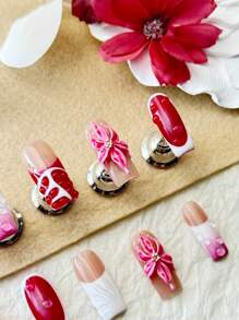 10 Peças de Unhas Feitas à Mão, Design de Efeito Tie Dye 3D, Linhas Desenhadas à Mão, Contas, Flores Entalhadas, Tipo Caixão são Clássicos Feitos à Mão por Mulheres e Meninas, com 1 Peça de Gel e 1 Peça de Lixa Anexadas.