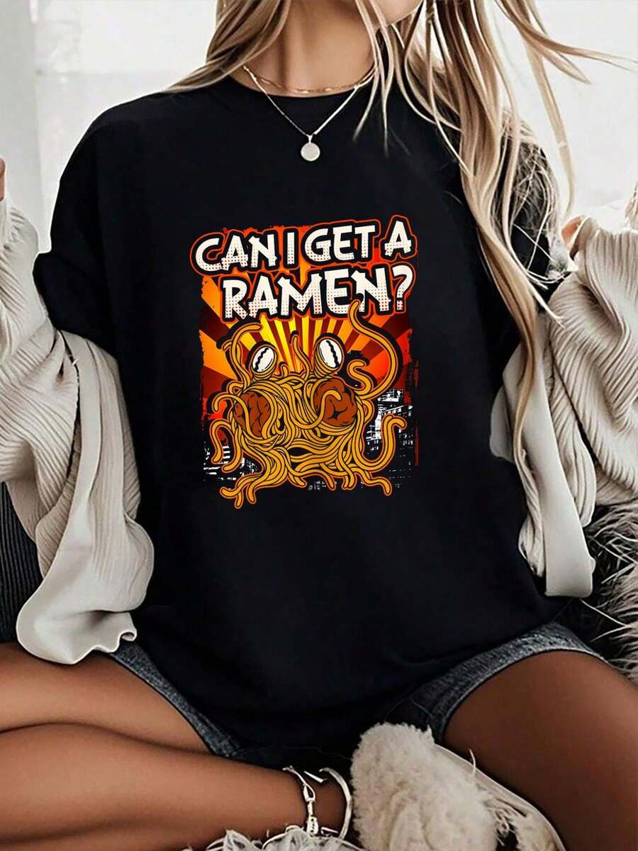 100% Cotton Can I Get A Ramen Pastafarian Flying Spaghetti Women Graphic T-Shirt Cotton Print Short Sleeve Casual Top, Summer Tee Womens Tops Graphic Shirt Women - 黑色 - 查看 1