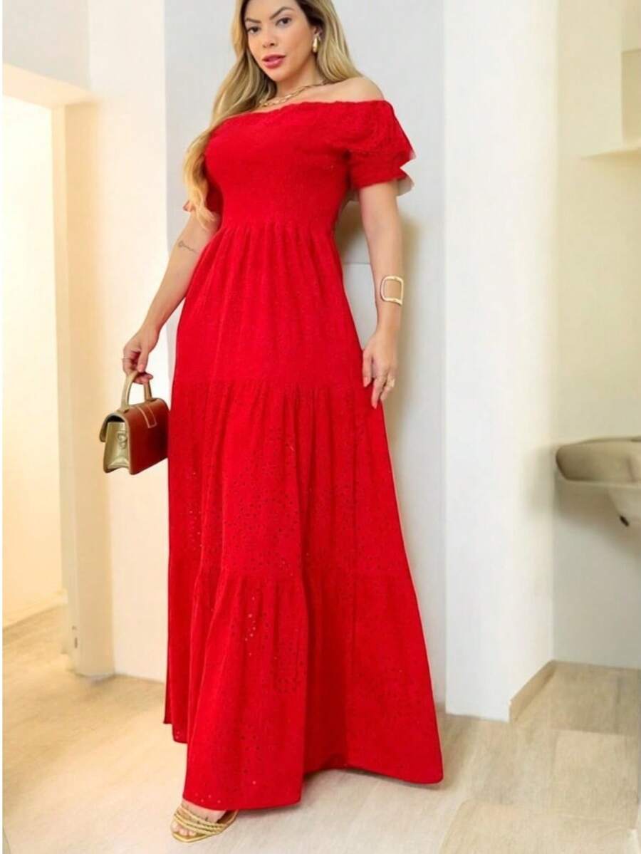 Vestido Tipo Campesino Largo de Manga Corta. - Rojo - Ver 1