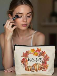 1pc Autumn Pumpkin Maple Leaf Tree Alphabet Linen Print Cosmetic Bag, Cute Travel Makeup Case And Multi-Function Coin Purse, Lightweight Gift Essential For Women