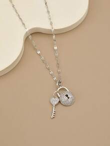 1 chiếc dây chuyền mặt khóa đính đá Cubic Zirconia thời trang bằng thép không gỉ, trang sức bạc, dây chuyền bạc, quà tặng Ngày của Mẹ, trang sức phương Tây, quà tặng Ngày Nhà giáo, quà tặng cho phụ nữ, trang sức đi biển cho phụ nữ, mặt dây chuyền, quà tặng, quà sinh nhật - Bạc - Xem 4