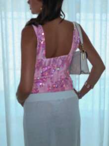Women Sequin Tank Tops Slim Sparkly Deep V Neck Sleeveless Open Back Crop Vest Casual Summer Streetwear - 粉色 - 查看 3