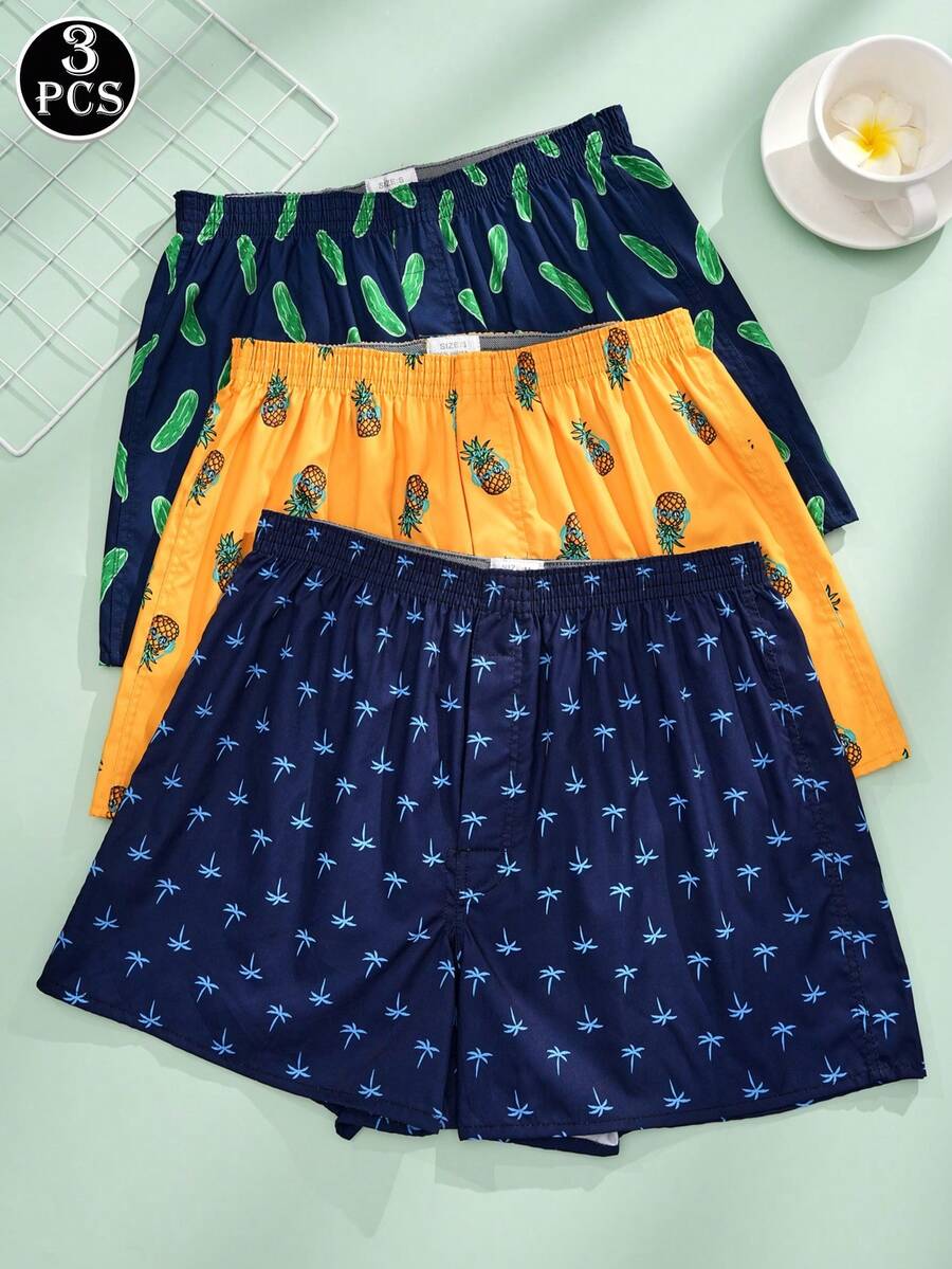 3 Pcs/Pack Men's Breathable Elastic Waist Printed Boxer Shorts, Loose Casual Underwear