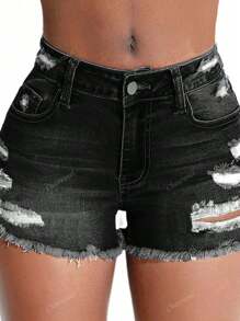 Edgy Mid-Rise Slim-Fit Stretch Shorts – Distressed & Frayed Hem For Look