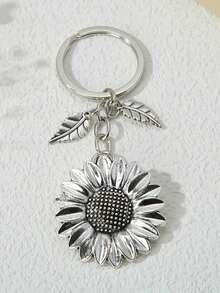 1pc Minimalist Sunflower & Leaf Shaped Keychain, Zinc Alloy Realistic Plant Decor Double-Sided Sunflower Key Chain, Suitable As Gifts And Bag/Car Key Accessories Christmas
