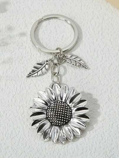 1pc Minimalist Sunflower & Leaf Shaped Keychain, Zinc Alloy Realistic Plant Decor Double-Sided Sunflower Key Chain, Suitable As Gifts And Bag/Car Key Accessories Christmas