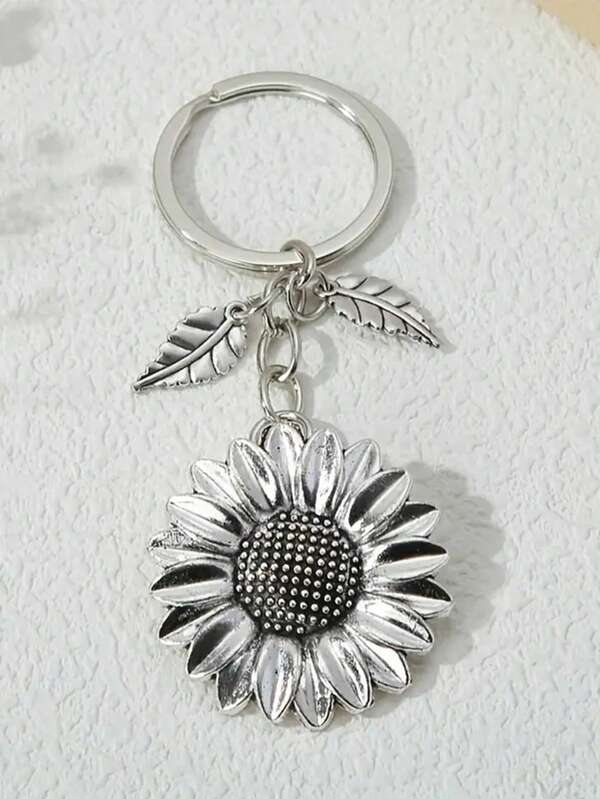1pc Minimalist Sunflower & Leaf Shaped Keychain, Zinc Alloy Realistic Plant Decor Double-Sided Sunflower Key Chain, Suitable As Gifts And Bag/Car Key Accessories Christmas