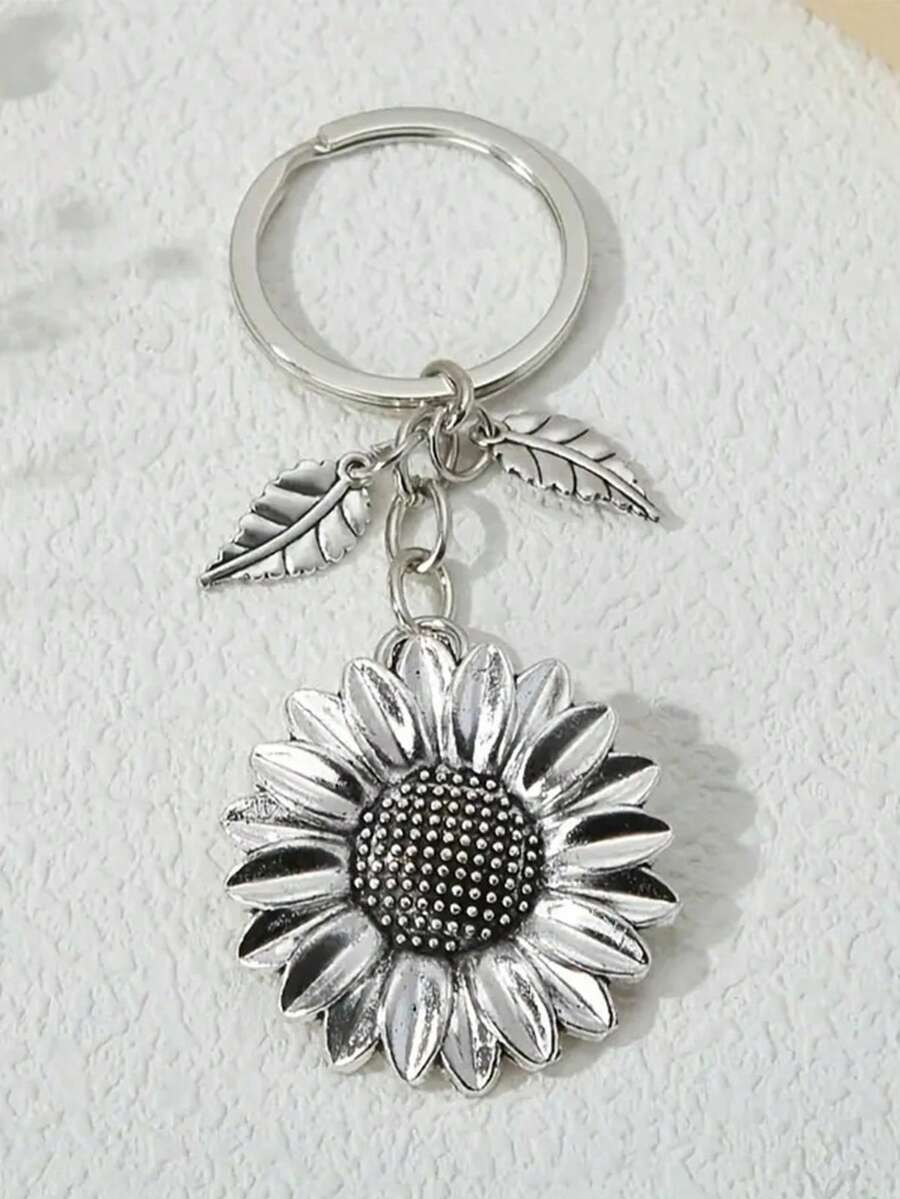 1pc Minimalist Sunflower & Leaf Shaped Keychain, Zinc Alloy Realistic Plant Decor Double-Sided Sunflower Key Chain, Suitable As Gifts And Bag/Car Key Accessories Christmas