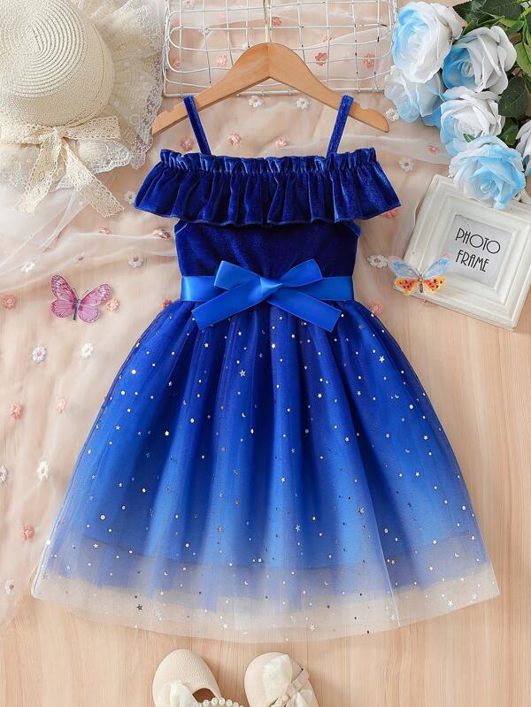 Top sin hombros de terciopelo estilo coreano con volantes para niñas, vestido con parches de lentejuelas, bajo de tul degradado con cintura anudada y cinturón, apropiado para uso al aire libre, fiesta, primavera/verano