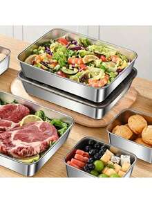 2/3 件不锈钢食品储存容器套装 - 防漏、微波炉和冰箱适用、防碎、多用途翻盖矩形厨房收纳盒，适用于冰箱和食品储藏室