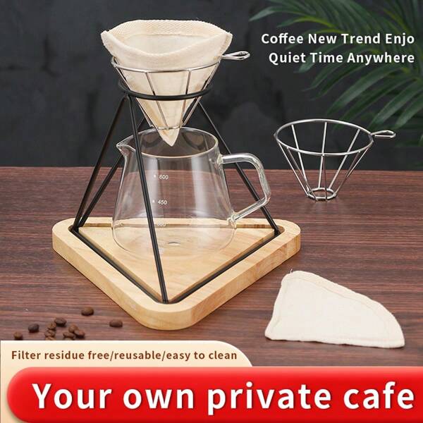 4pcs/Set Flannel Coffee Filter Dripper Set, Hand Drip Coffee Stand With Stainless Steel Funnel, Solid Wood Base, Suitable For Home And Commercial Use Back To School