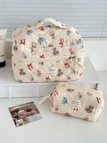 1个米色绗缝兔子化妆包。红色蝴蝶结装饰，大容量，可收纳护肤品、首饰、文具、卫生巾、耳机，也可作钱包使用。是送给女学生、节日、生日、圣诞节、情人节、旅行必备、夏季返校季、女士旅行化妆包的理想之选。 - 米色 - 查看 9