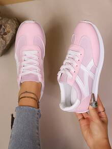 女士时尚粉色运动鞋，白色鞋带，橡胶鞋底 - 适合所有季节的休闲低帮运动鞋，舒适的步行鞋|休闲鞋|橡胶鞋底运动鞋 - 粉色 - 查看 2