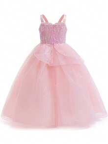 粉色女巫公主嘉年华服装，闪亮亮片薄纱连衣裙，配皇冠和魔杖配饰，万圣节派对服装 - 粉 - 查看 5