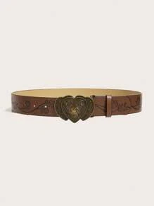 2pcs Unisex Heart Print & Solid Color Western Style Vintage PU Leather Belt, Suitable For All Seasons Fall, Autumn, Halloween