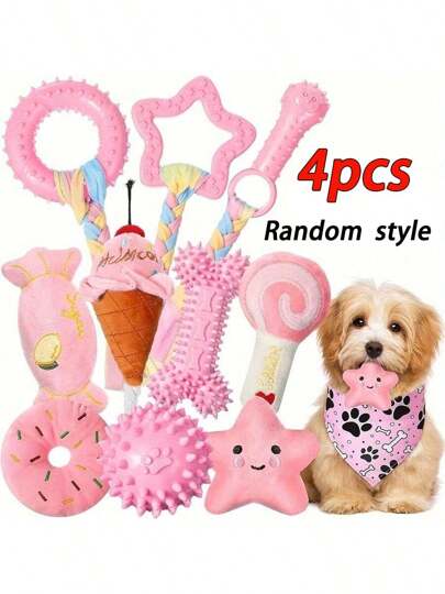Conjunto de 4 peças/conjunto de brinquedos de dentição para filhotes de estilo aleatório para cães pequenos - TPR durável e brinquedos de mastigar de pelúcia que rangem, kit de brinquedos interativos para treinamento de saúde bucal para cães