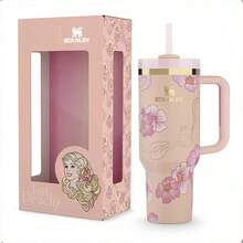 Compatible With Stanley 40 Oz H2.0 Tumbler With Handle, Double Walled Vacuum Insulated Stainless Steel Water Bottle Premium Summer Drinkware Portable Handy Flask Travel Mug Iced Coffee Cup For Outdoor Camping, Hiking, Driving, Travel, Perfect Gift Idea - Pink Flower - View 1