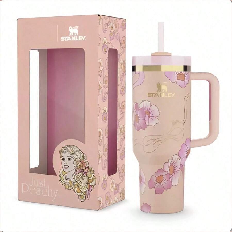 Compatible With Stanley 40 Oz H2.0 Tumbler With Handle, Double Walled Vacuum Insulated Stainless Steel Water Bottle Premium Summer Drinkware Portable Handy Flask Travel Mug Iced Coffee Cup For Outdoor Camping, Hiking, Driving, Travel, Perfect Gift Idea - Pink Flower - View 1