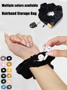 8pcs-Multi-Functional Hair Tie Storage Pouch - Portable Money Hider & Organizer, Non-Waterproof,Zippered Velvet Scrunchie Elastic Hair Tie With Secret Pocket For Keys, Cash, Lipstick,Headset,Accessory Storage - Fashionable Polyester Hair Band Accessory,Secure Money Hide-Away Hair Tie - Anti-Theft, Discreet Storage Band