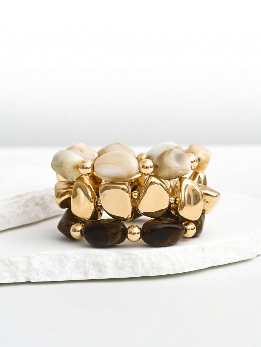 3pcs Set Fashion Vintage Exaggerated Bohemian Thick Multi-Layer Brown Acrylic Beaded Bracelet For Women