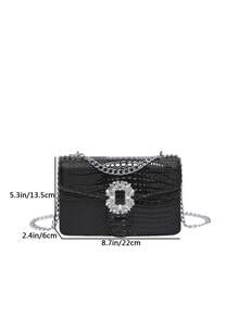 1pc Women's Crocodile Embossed Rhinestone Decor Flip Cover Chain Shoulder Bag, Suitable For Daily Use - Black - View 4