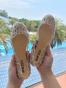 Women's Summer Closed Toe Flat Jelly Crystal Sandals, Hollow-Out Soft Beachside Shoes