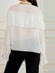 Women Long Sleeve Shirts Solid Color Ruffles V-Neck Chiffon Blouses Spring Loose Casual Tops Streetwear - Ivory - View 2